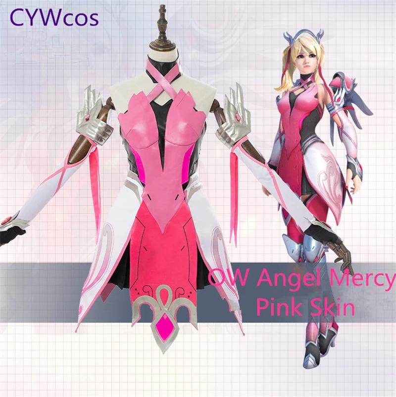 OW Angel Mercy, розовый костюм для косплея, полный комплект, костюм на Хэллоуин, вечерние костюмы, платье+ носки+ перчатки+ броня на руку+ головной убор
