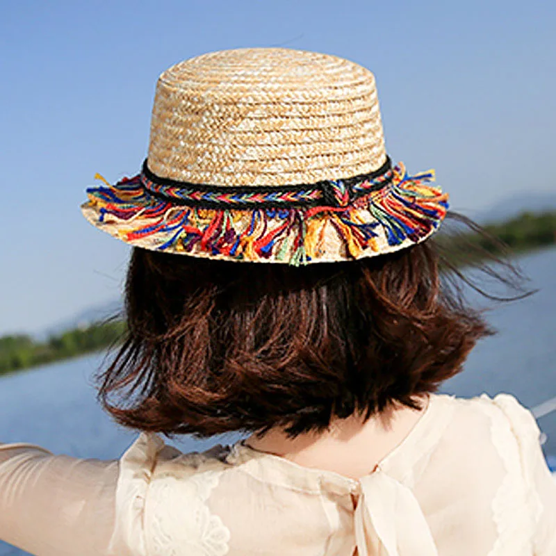 

2019 beautiful summer sun hats women fashionable bohemia fringed beach straw hat panama cap outdoor visor hat flat top brim hat