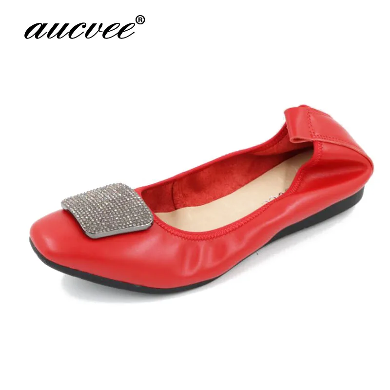 

AUCVEE Genuine Leather Spring Autumn Summer Woman Shoes With a Sweet flat tip shoes Casual Square Toe Crystal Fashion Girl shoes