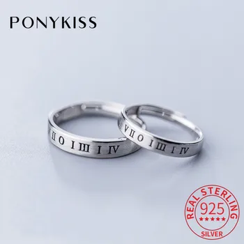 

PONYKISS Trendy 100% 925 Sterling Silver Roman Numerals Couple Resizable Opening Ring Women Engagement Fine Jewelry Chic Gift