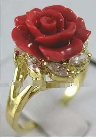 Selling>   Charming!Hand Carved Red Coral Flower Ring size: 7 8 9>ePacket free shipping