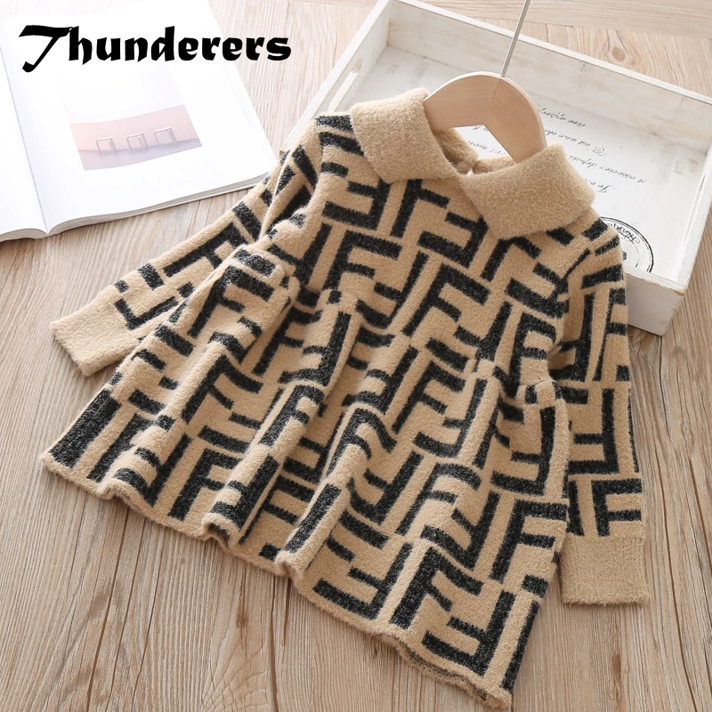 

Thunderers Knitting Children Princess Dress For Girl Turn-durn Collar Geometric Kids Dress Autumn Winter Toddler Baby Clothes