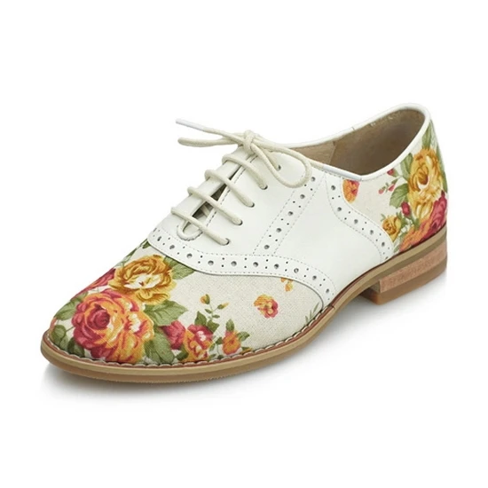 2015 Women High Quality Genuine Leather Oxfords Flat Shoes Floral