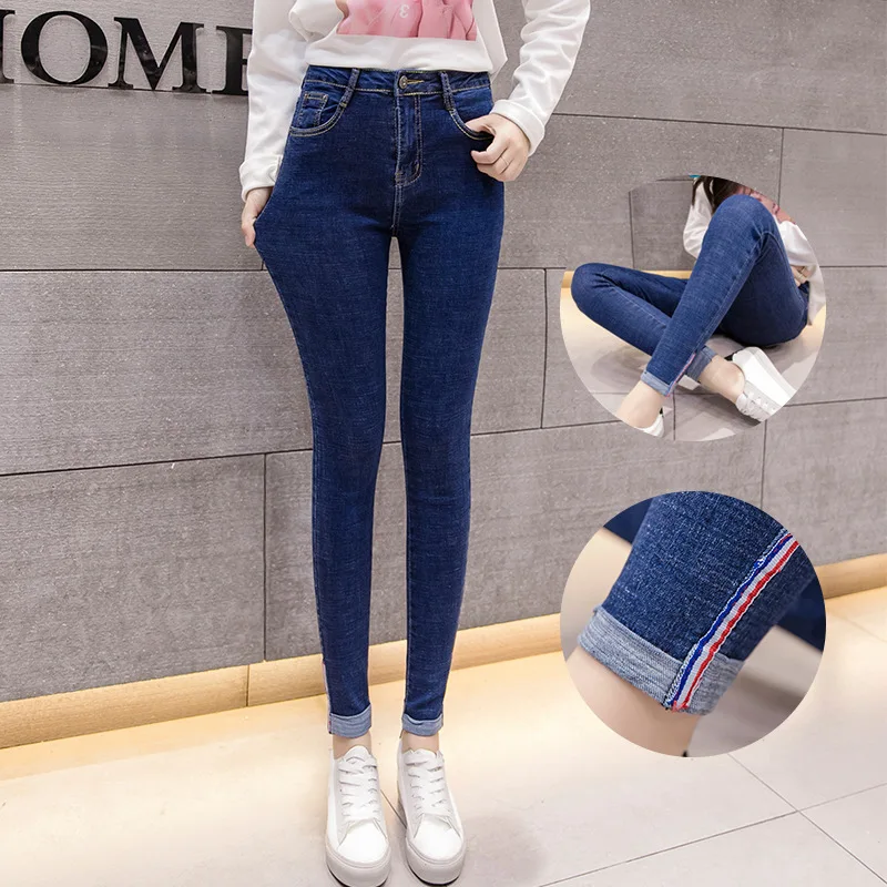 

2019 Spring Summer Ripped Jeans Woman Fashion High Waist Crimping Skinny Ankle Length Jeans for Women Plus Size