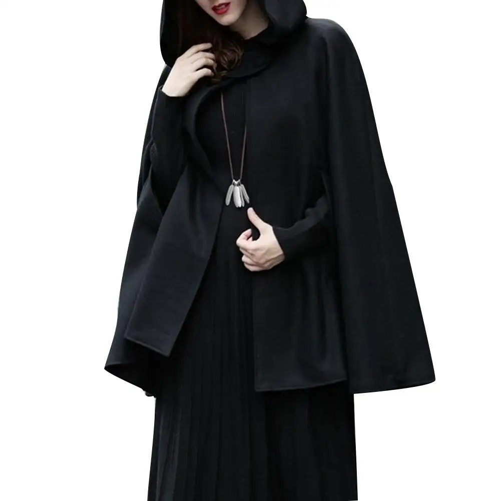 

Winter Solid Color Casual Women Hooded Cape Coat Button Poncho Cardigan Cloak