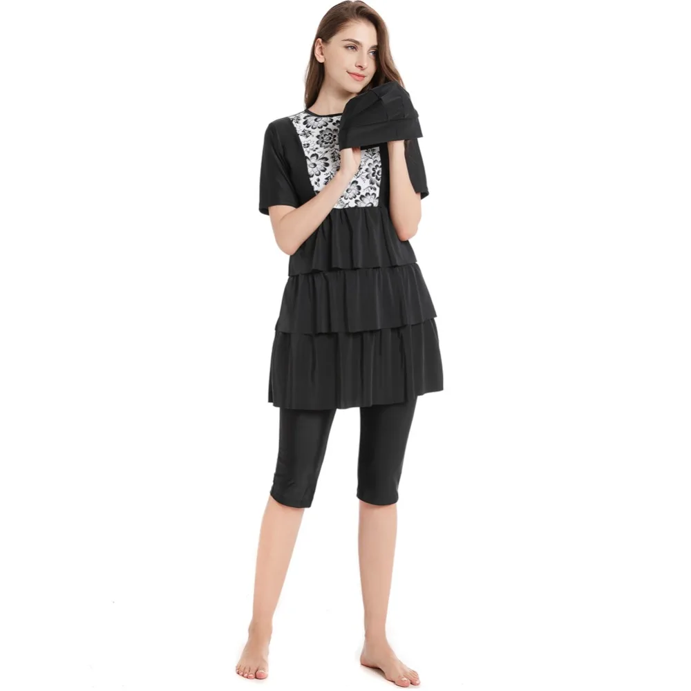 Women Swimwear Muslim Swimwear Plus Size Patchwork Full Cover Short Sleeve Swimsuit Islamic Hijab Burkinis