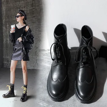 

INS Hot Women Ankle Boots Genuine Leather 34-39 Manual Motorcycle Boots ShortBoots Women's Shoes Europe And America