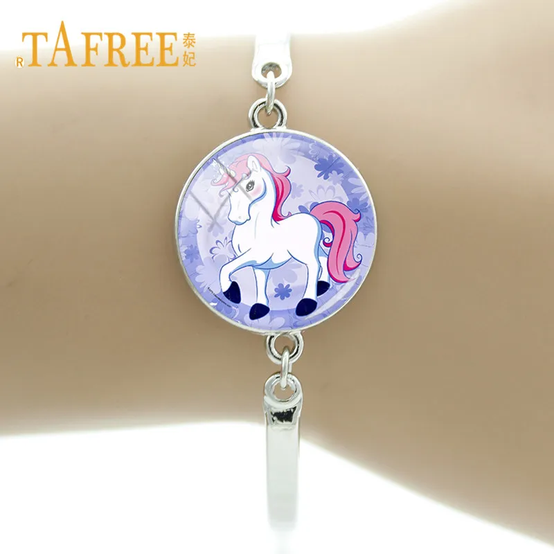 TAFREE стеклянный купол милый мультяшный Единорог Лошадь браслет серебряный цвет