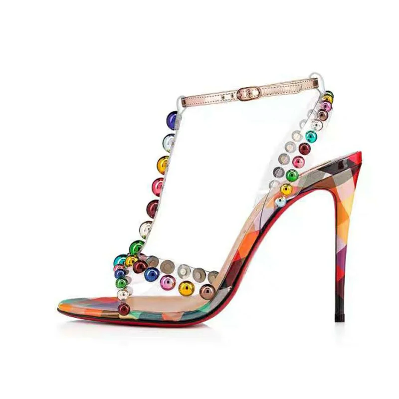 

NEW 2019 Summer Colorful Bead PVC T-Strap Women High Heels Sweet Square Lattice Print Sandals