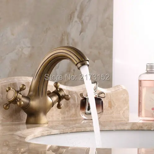 

Free Shipping Luxury Stripe Antique Brass Bathroom Faucet Double Wheel Handle Brass Basin Sink Mixer Tap A-059