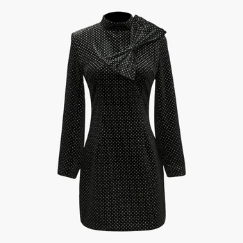 

High quality 2019 brand new fashion swan velvet fabric shiny wave point big bow decoration Slim temperament woman dress