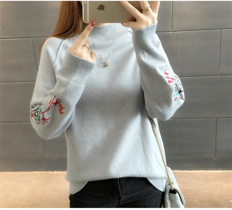 2021 Autumn Winter Floral Embroidery Knitted Sweater Women Pull Femme jersey jumper Tops sweaters and pullovers | Женская одежда