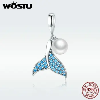 

WOSTU Real 925 Sterling Silver Mermaid Tail Elegant Pearl CZ Charm Bead fit Bracelet & Bangle Bracelet Women Jewelry Gift DXC877