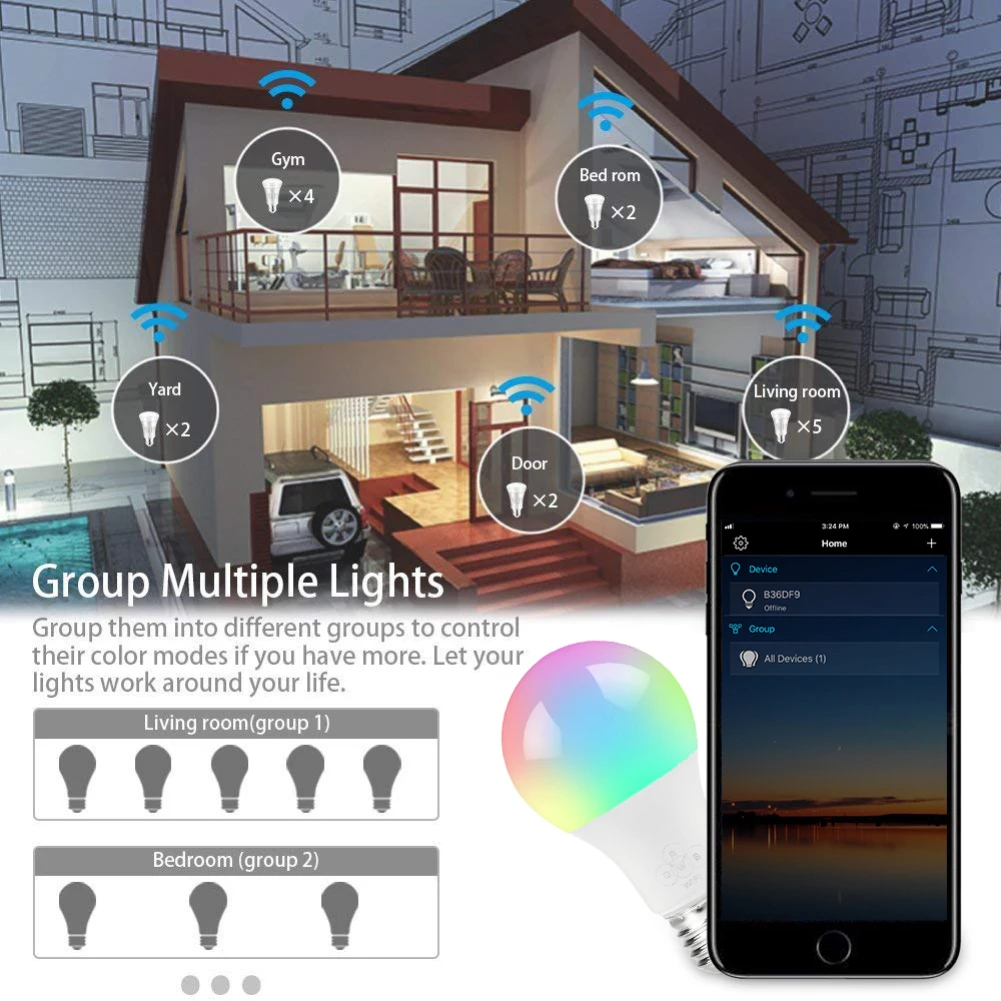 E27 смарт-лампочка WIFI RGB RGBW затемняемый Светодиодный светильник лампа работает с Alexa Google Home, 16 миллионов цветов, приложение дистанционное управление