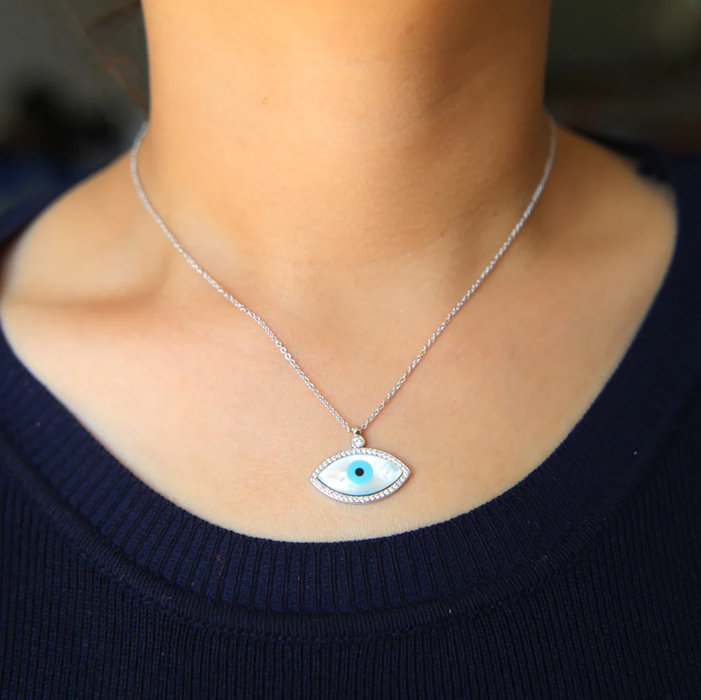 Turkish Crystal Evil Eye Hand Hamsa Pendant Necklace Womens Silver Gold