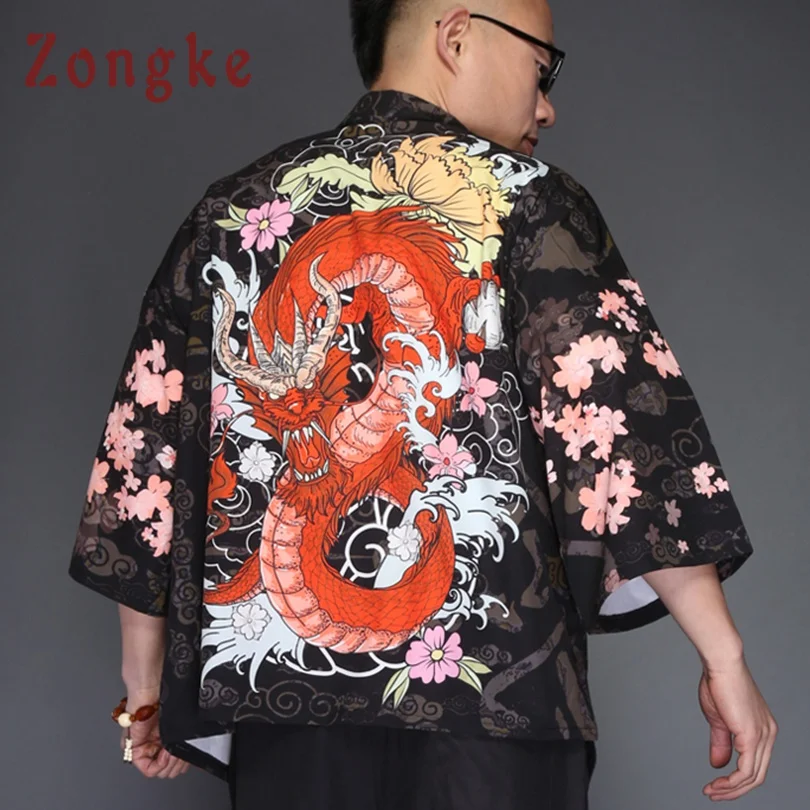 Zongke Дракон кимоно куртка мужская Японская уличная одежда Кардиган Куртка черная