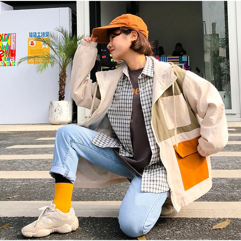 Plegie Harajuku, Женская куртка большого размера,, Весенняя верхняя одежда, студенческий стиль, лоскутное пальто, хип-хоп Уличная одежда, свободные куртки с капюшоном