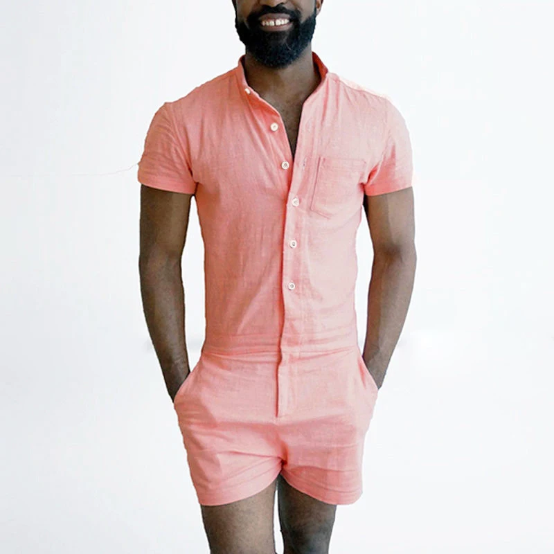 Summer Tracksuit Men Romper Solid Short Sleeve Mandarin Collar Rompers