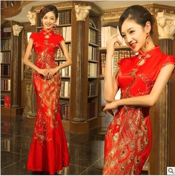 cheongsam wedding dress fishtail red modern chinese traditional dress long cheongsam red phoenix plus size lace in sequin