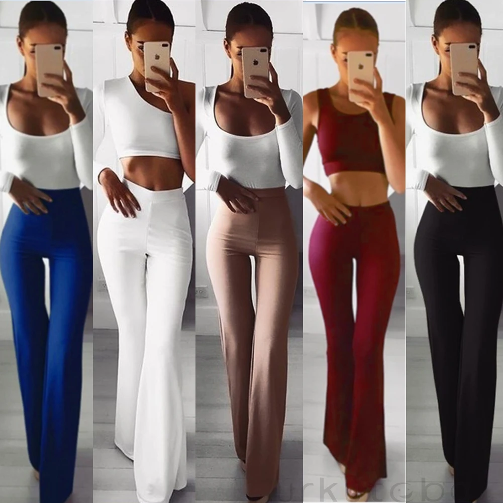 Hot Women Plain Palazzo Wide Leg High Waist Office Lady Skinny Solid Casual Flared Trousers Long Loose OL Work Pants