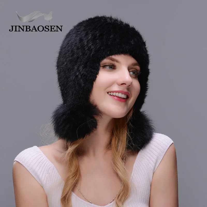 Женская зимняя теплая шапка JINBAOSEN черная из меха лисы вязаная шерстяная защита