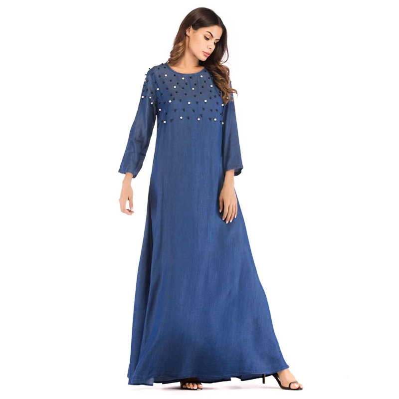 Арабское джинсовое платье Abayas бисерные турецкие макси платья марокканский кафтан заклепки vestido джинсы Vestido Tradicional Musulman