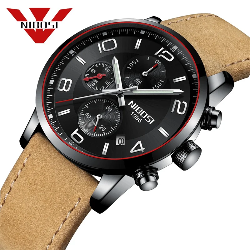 

NIBOSI Chronograph Business Watches Men Luxury Brand Waterproof Leather Steel Wristwatch Male Quartz Watch relogio masculino