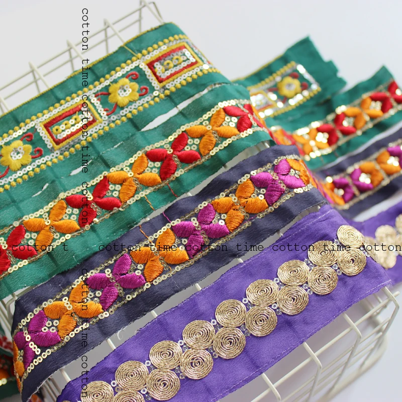 

4yards Golden Embroidered Lace Sequin Indian Trim 5cm wide Boho lace Sawing Accessory for fashion cloth Bags home deco accessory