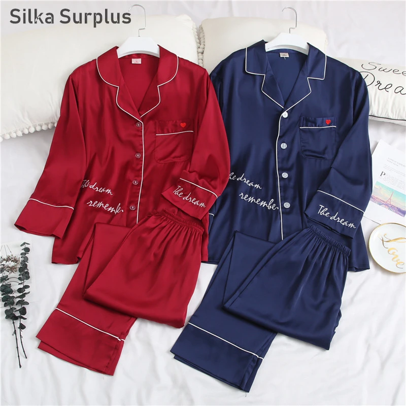 

Silka Surplus Lovers Pyjamas Women Silk Satin Pajama Sets Solid Long Sleeve Couple Pajamas For Women Sleepwear Sets Pijama Mujer