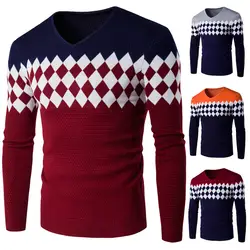 Осенне-зимние теплые шерстяные свитера повседневные модного цвета, в стиле пэчворк v-образный вырез пуловер мужской бренд Slim Fit хлопковый