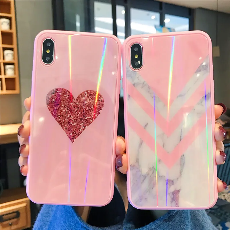 Luxury Laser marble pattern Phone Case For iPhone 6 6s 7 8 Plus X Xs Max Xr pink loving heart Heart Tempered glass Cover |