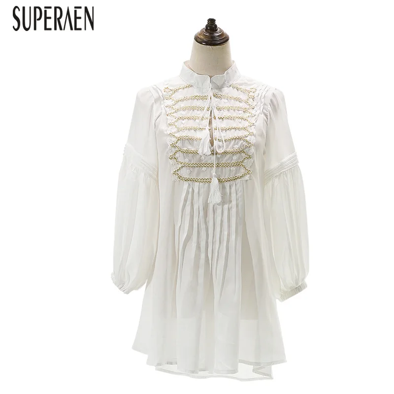 

SuperAen 2019 Spring New Fashion Women Dress Three Quarter Sleeve Embroidery Mesh Dress Solid Color Europe Chiffon Dresses