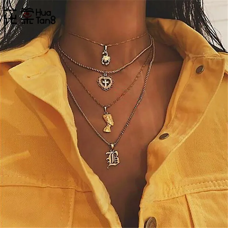 

HuaTang Trendy Gold Chain Layered Necklace Bohemian Cross Heart Scorpion Pendant Choker Collar Necklaces Jewelry 6870