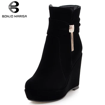 

BONJOMARISA New Fashion Flock Crystal Decoration Ladies Wedges High Heels Ankle Boots Woman Platform Booties Woman Shoes Woman