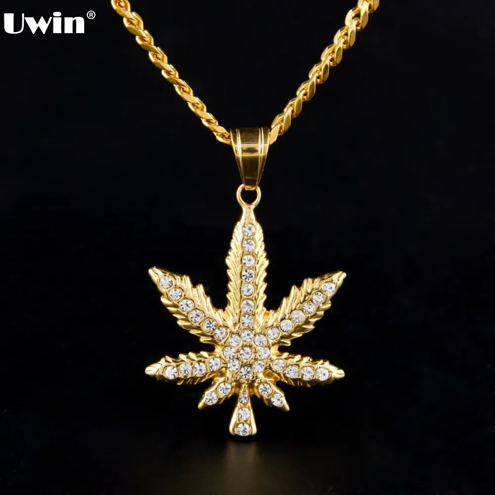 

Gold Color CZ Big And Small 2 Size Pot Weed Pendant With 30" Cuban Chain Golden Herb Leaf Bling Bling Hiphop Necklace
