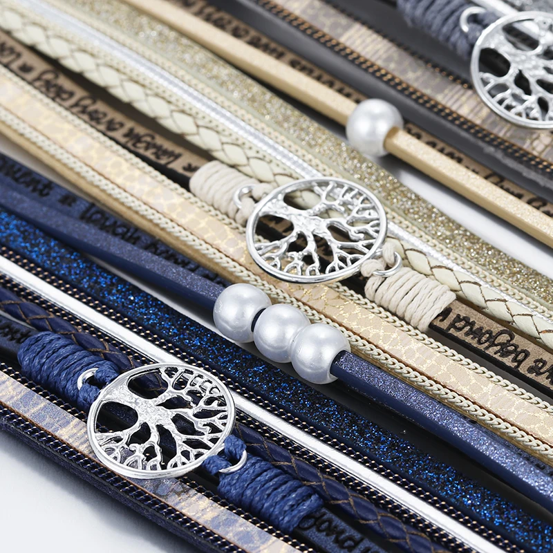 Pearl leather bracelet ALLYES tree of life charm for women men fashion bohemian multilayer wide wrap