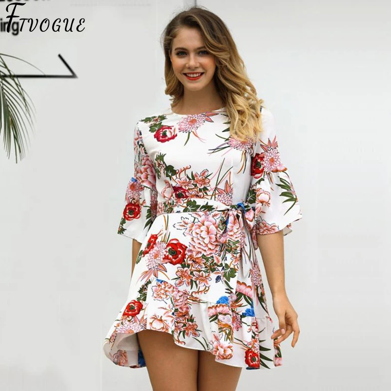 Vestido de mujer 2018 verano cuello redondo estampado Floral chifón vestido bohemio estilo corto fiesta playa Vestidos de fiesta|Vestidos| - AliExpress
