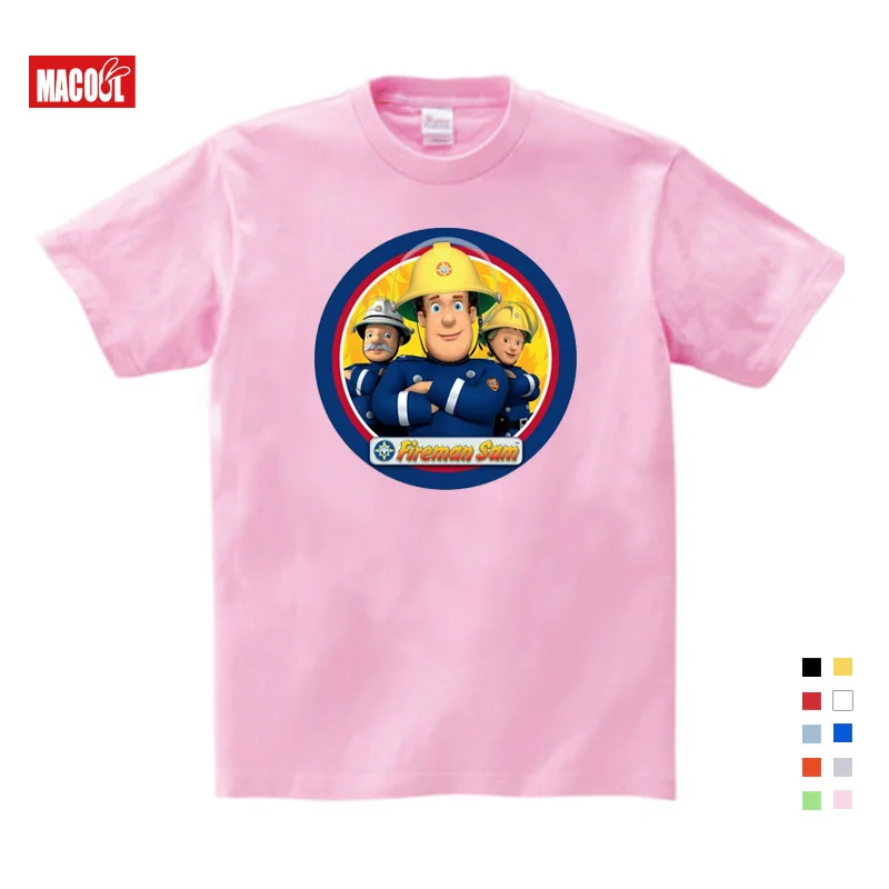 3T-9T Children Fireman Sam Pattern Print T-shirts Boy Short Sleeve T Shirt Girls Tee Tops Kids Summer Cotton White Shirt Clothes