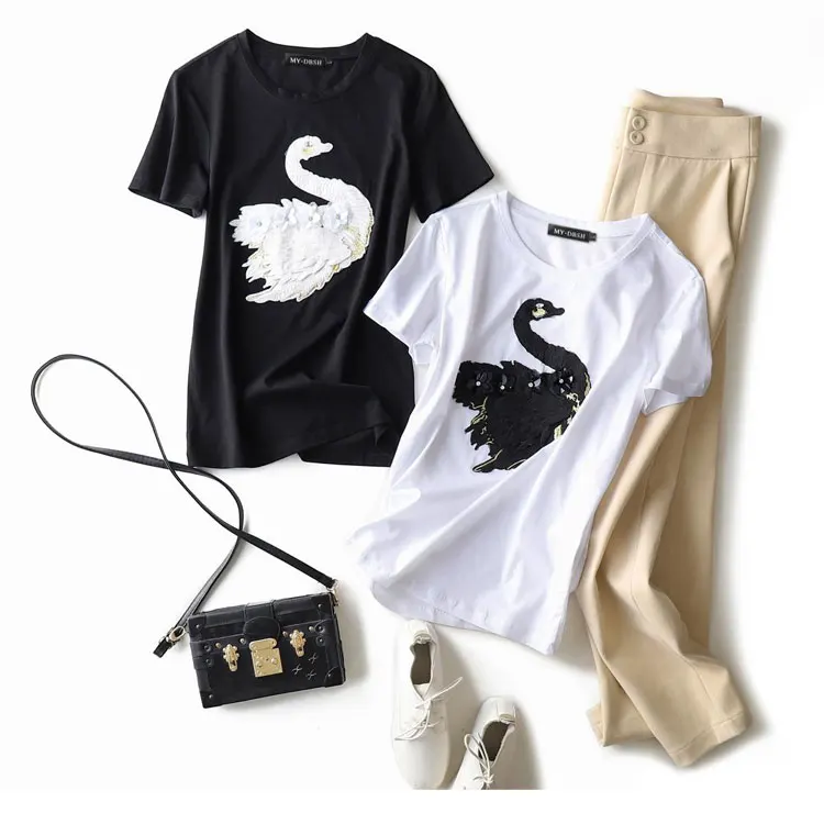 Новинка, модная Милая футболка с вышивкой лебедя, женская брендовая футболка, Повседневная Свободная футболка с коротким рукавом и круглым вырезом, женские топы с изображением лебедя
