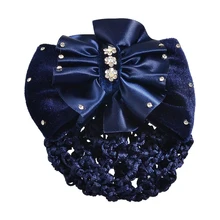Navy Blue Velvet Bowknot Barrette Hair Clip Snood Net for Women