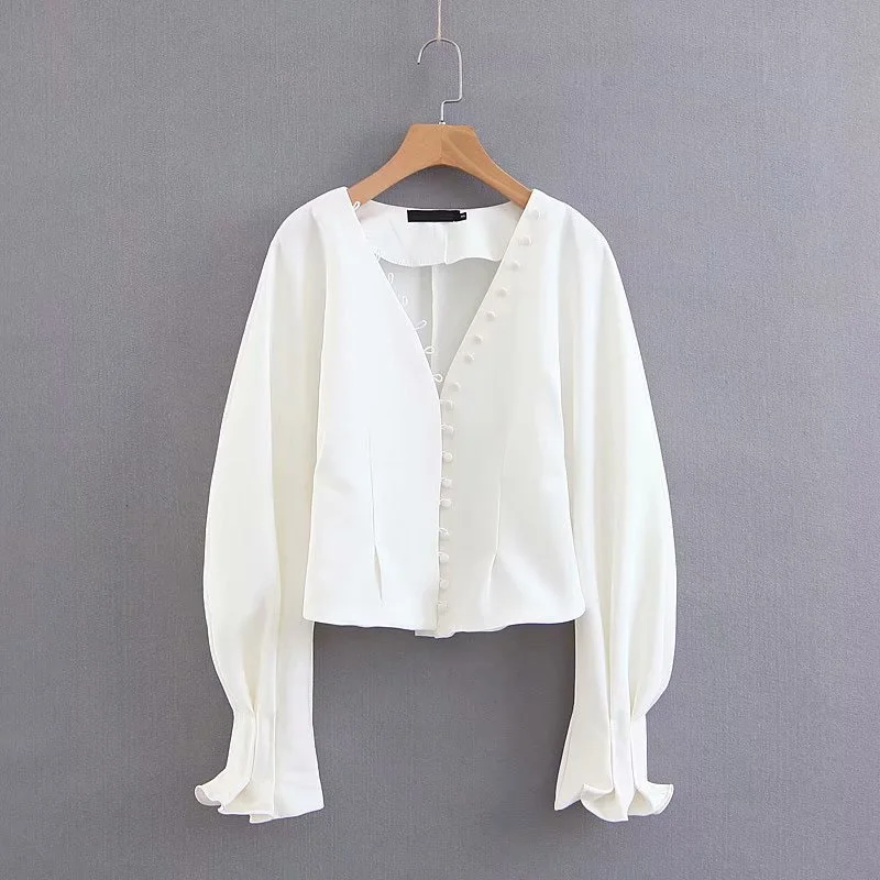 

Women's Royal Style Single Breasted Sweet Puffy Sleeve White Blouse Top V-neck French Fashion Shirt