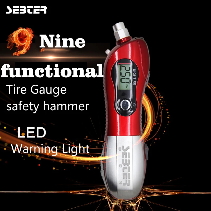 SEBTER Car Tire Pressure Emergency Hammer Multifunction Window Breaker Knife Cutter Clamp Tool LED Warning Light | Автомобили и