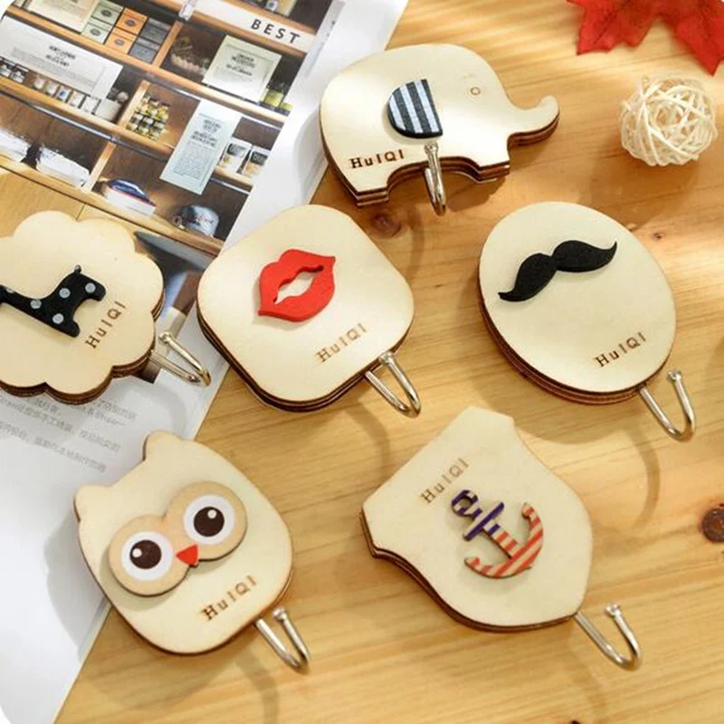 

6pcs Creative cute cartoon wooden wall hooks Self Adhesive Seamless Door Sticky Hanger key holder organizer home decor