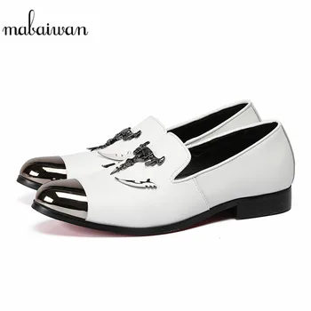 

Mabaiwan Skull Buckle Men White Loafers Casual Shoes Men Breathable Slippers Smoking Wedding Dress Shoes Handmade Party Flats