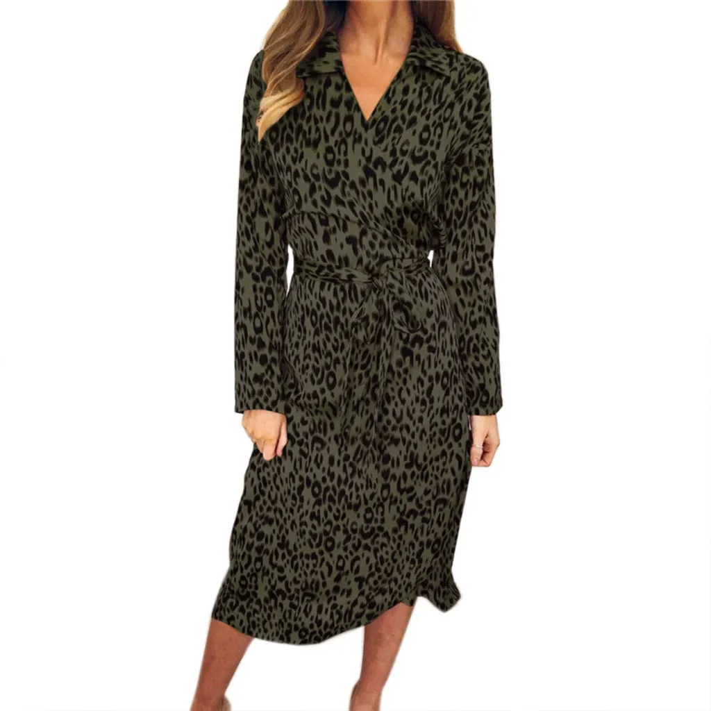 

dresses woman 2019 summer Womens Leopard Print V Neck Bandage Long Sleeve Beach Casual Long Dress Vestidos De Festa