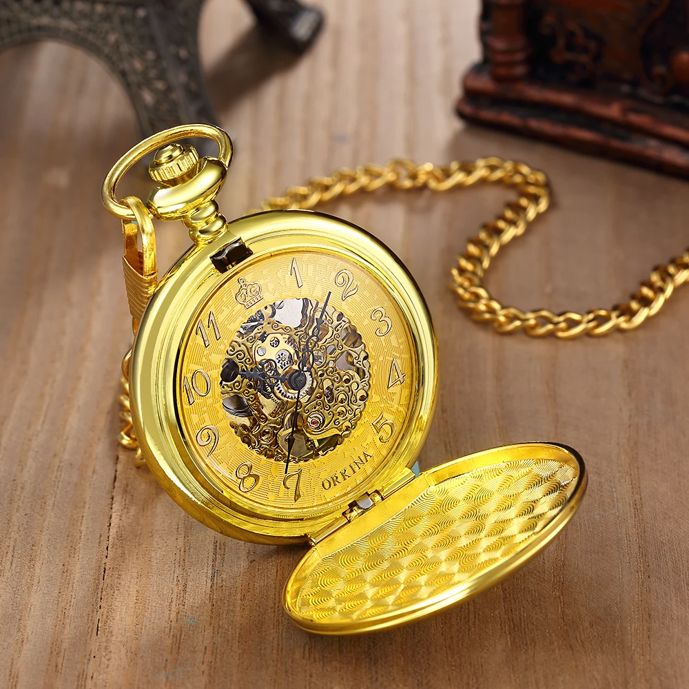 

MG. ORKINA Retro Design Pocket Watch Removable Chain Skeleton Dial Mechanical Glossy Case Golden Fob Watch