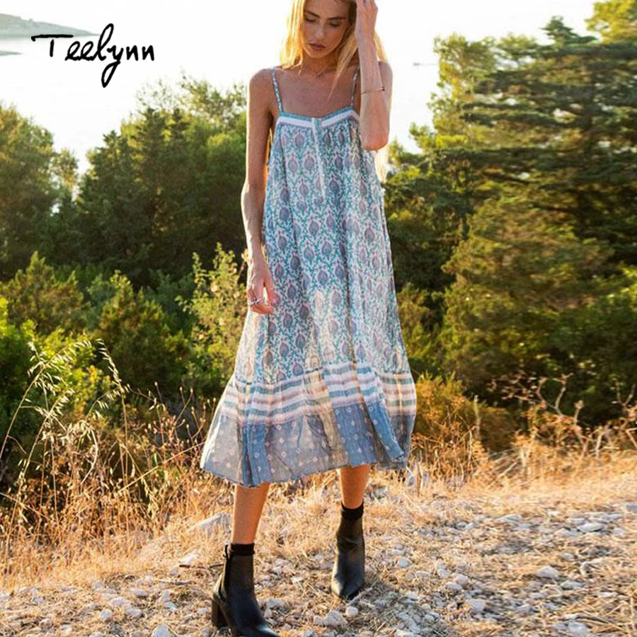 

Teelynn Boho dress 2018 new green floral print summer dresses sexy sleeveless strap loose Casual hippie women dresses vestidos