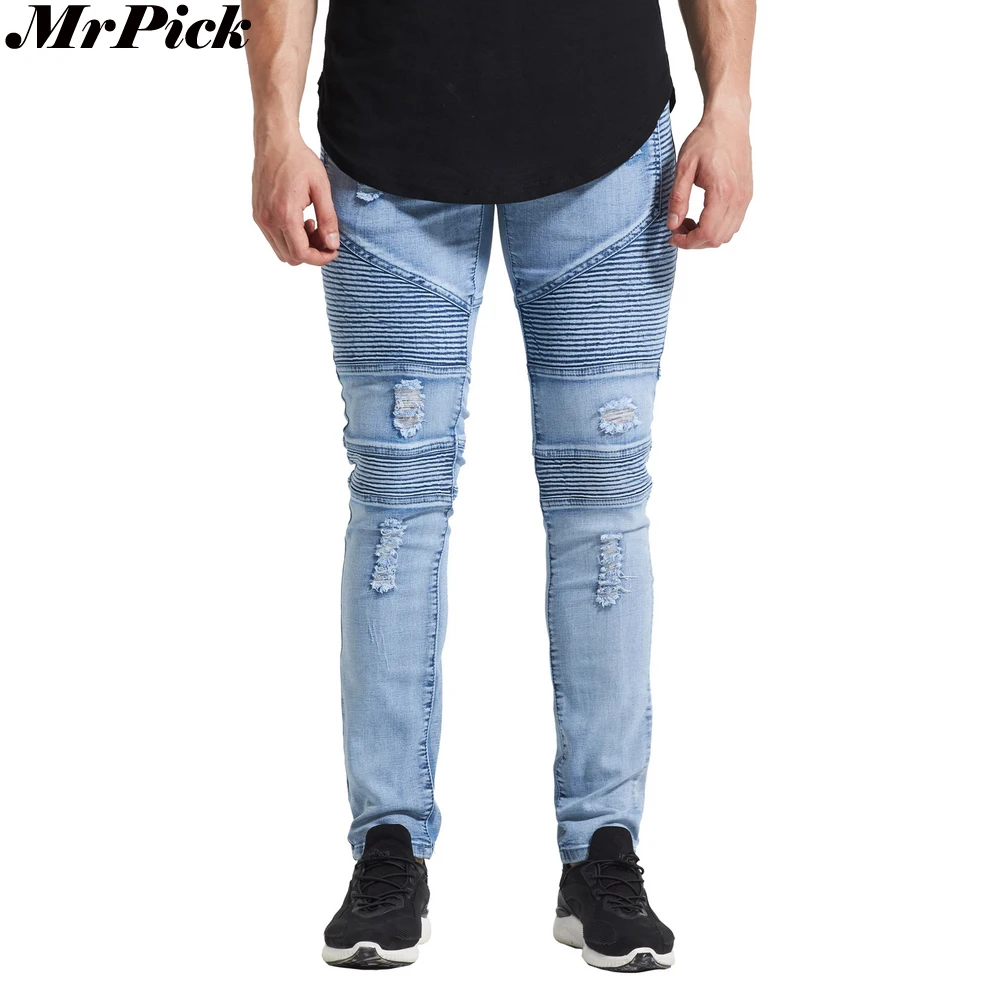 

MrPick New Men Ripped Distressed Biker Jeans 2017 Urban Classic 5 Styles Skinny Hole Pencil Stretch Jeans