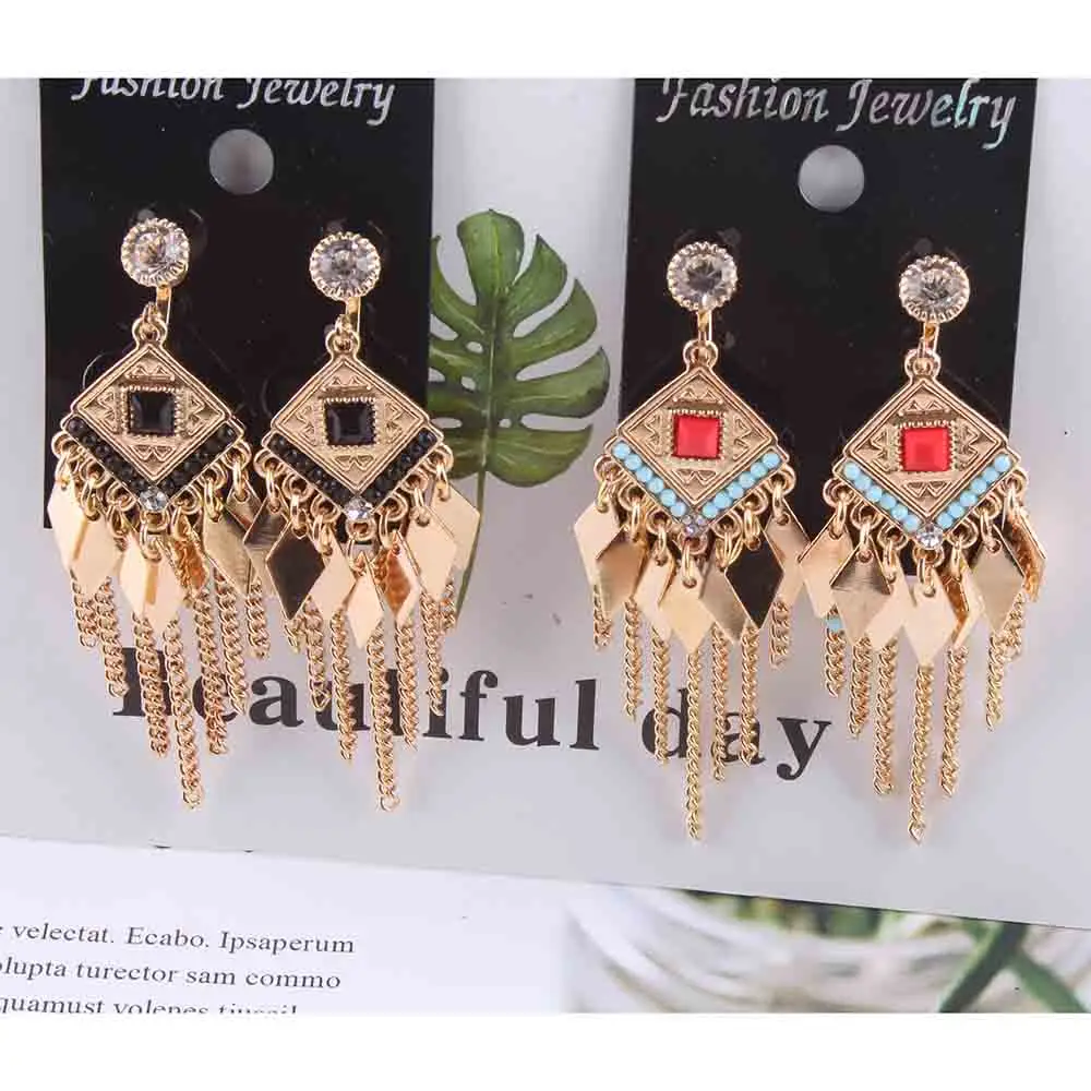 

bride Earring for Women gold Alloy Tassel Bohemian Clip On Earrings Female Accessories Personalized Wedding partie Long Earrings