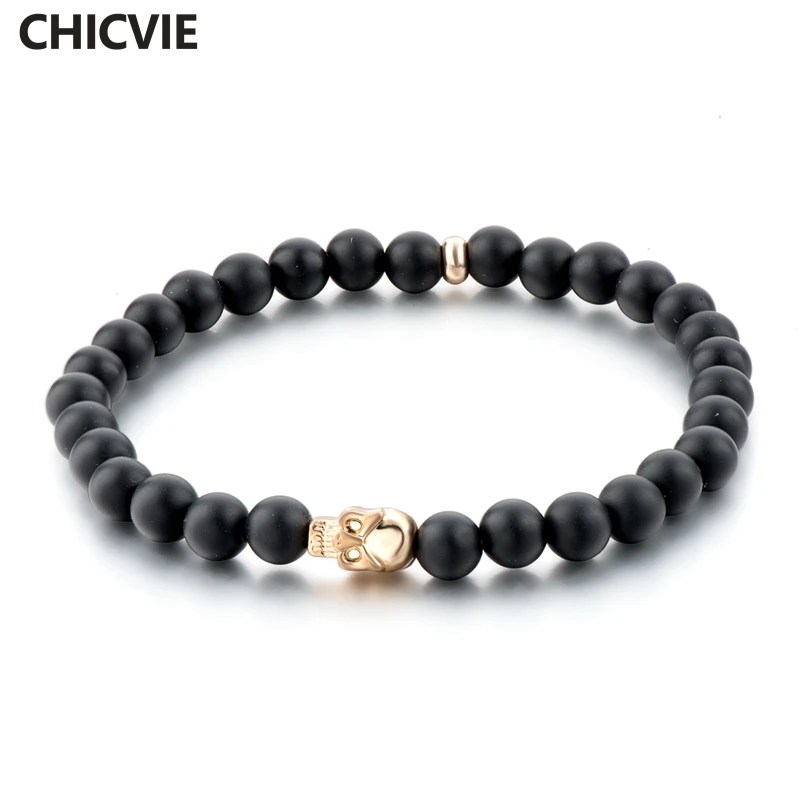 

CHICVIE 6mm Beads Black Natural Stone Skull Cuff Bracelets Bangle Charms For Men Women Vintage Jewelry Making Bracelet SBR160127